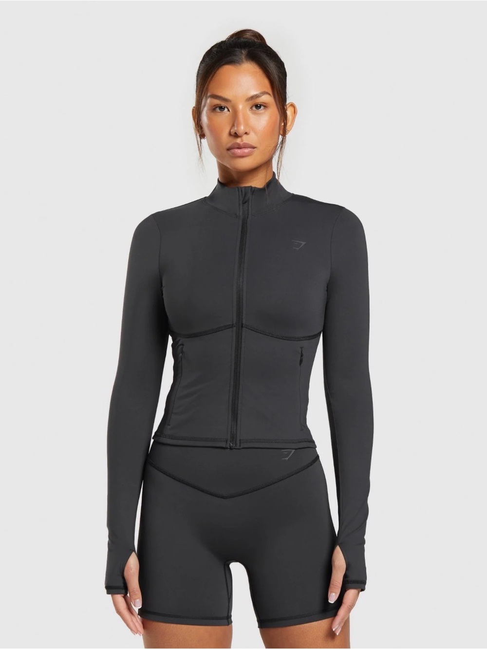 Gymshark Black Fitted Zip-Up Long Sleeve Crop Top